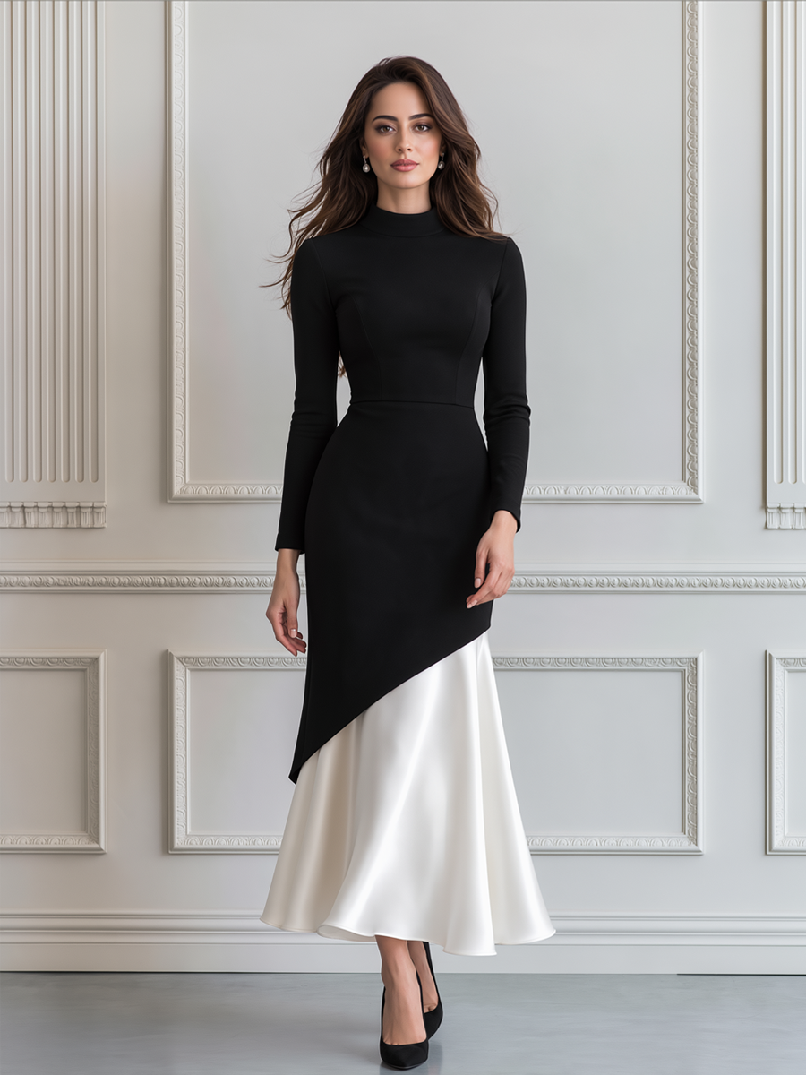 Mock Neck Asymmetric Colorblock Satin Hem Midi Dress