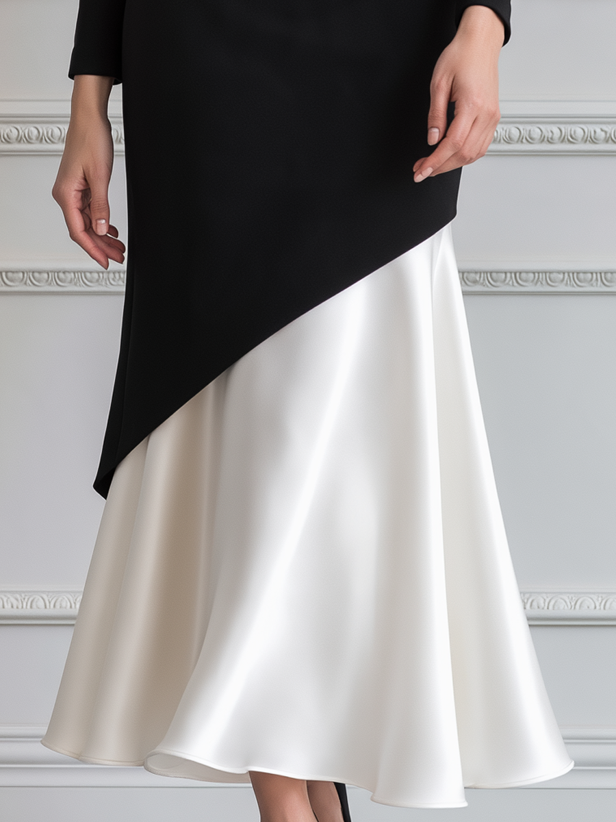 Mock Neck Asymmetric Colorblock Satin Hem Midi Dress