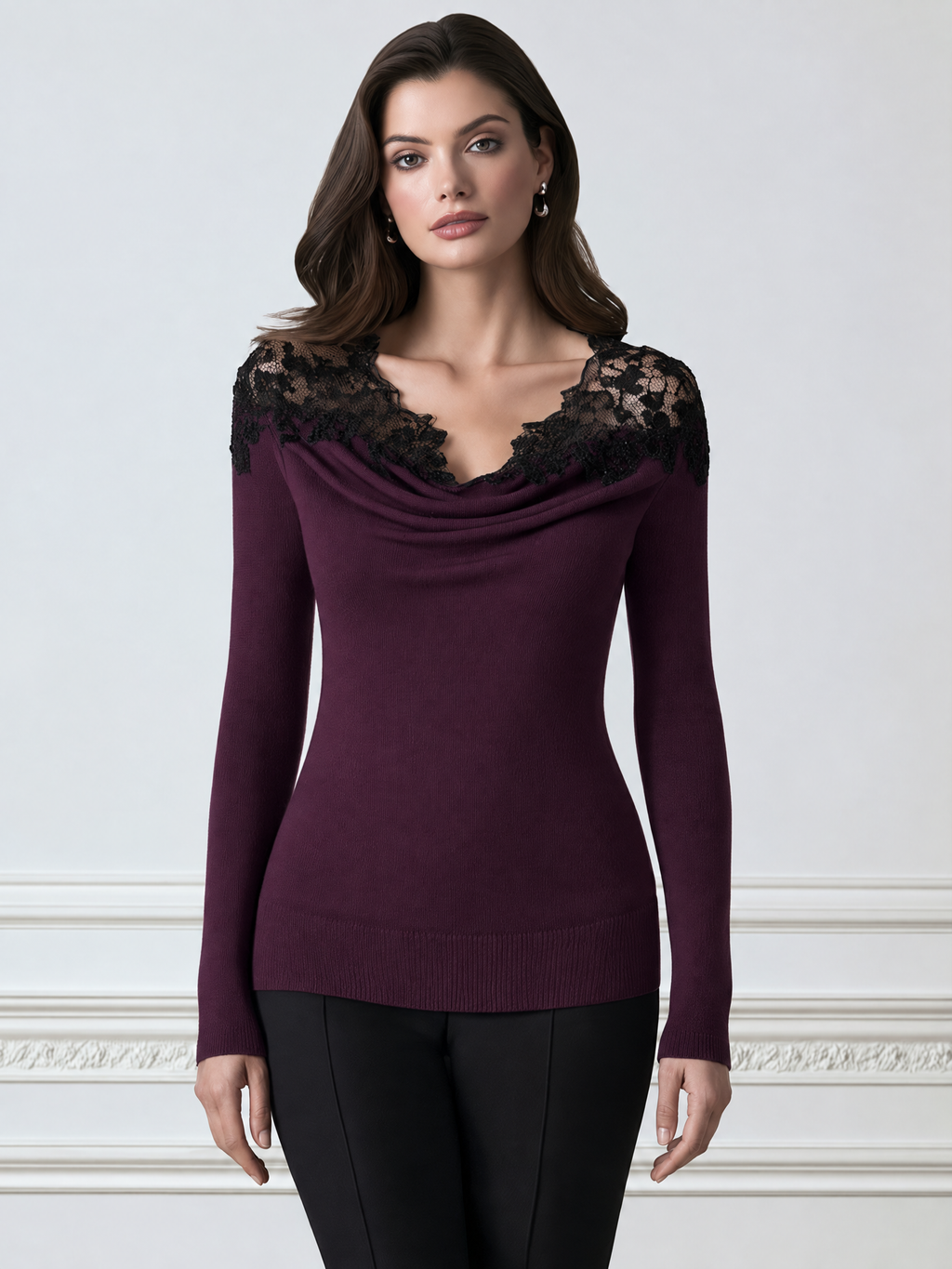 Cowl Neck Lace-Trim Knit Sweater Top