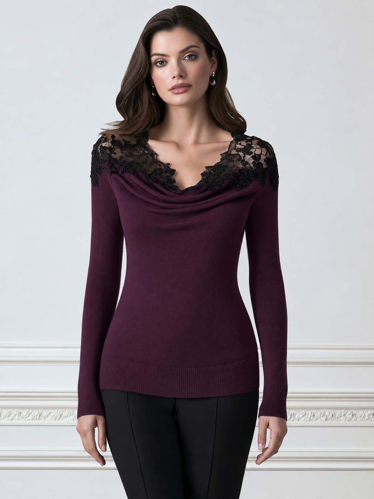 Cowl Neck Lace-Trim Knit Sweater Top