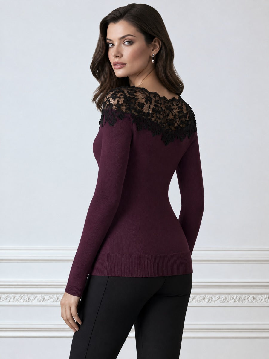 Cowl Neck Lace-Trim Knit Sweater Top