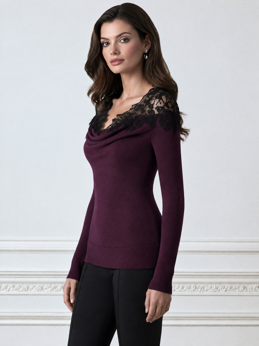 Cowl Neck Lace-Trim Knit Sweater Top