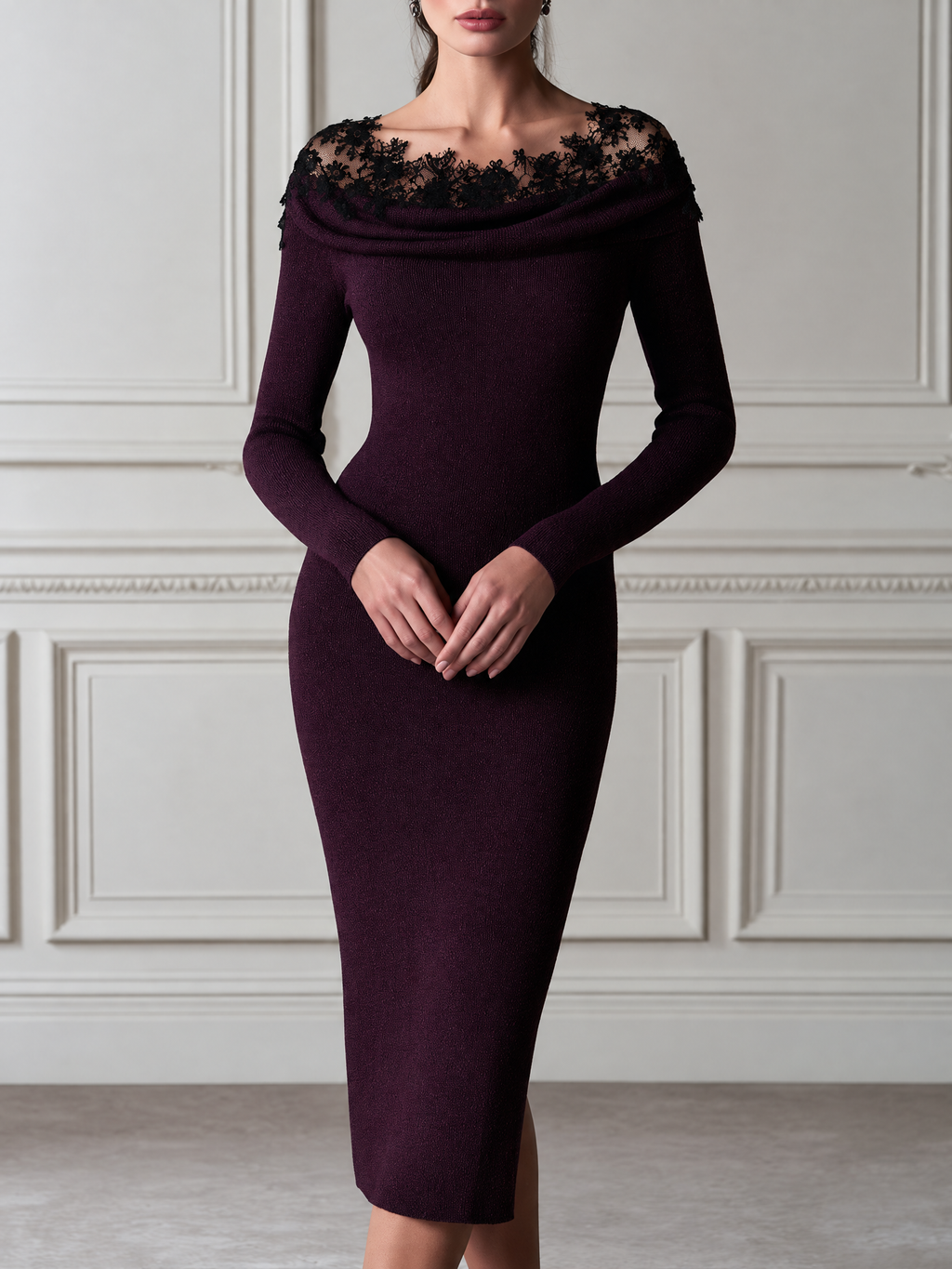 Draped Lace Trim Off-Shoulder Knit Midi Dress