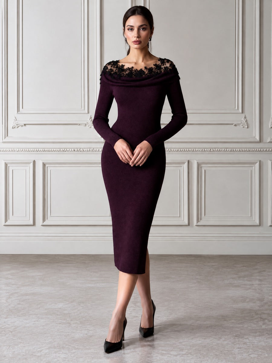 Draped Lace Trim Off-Shoulder Knit Midi Dress