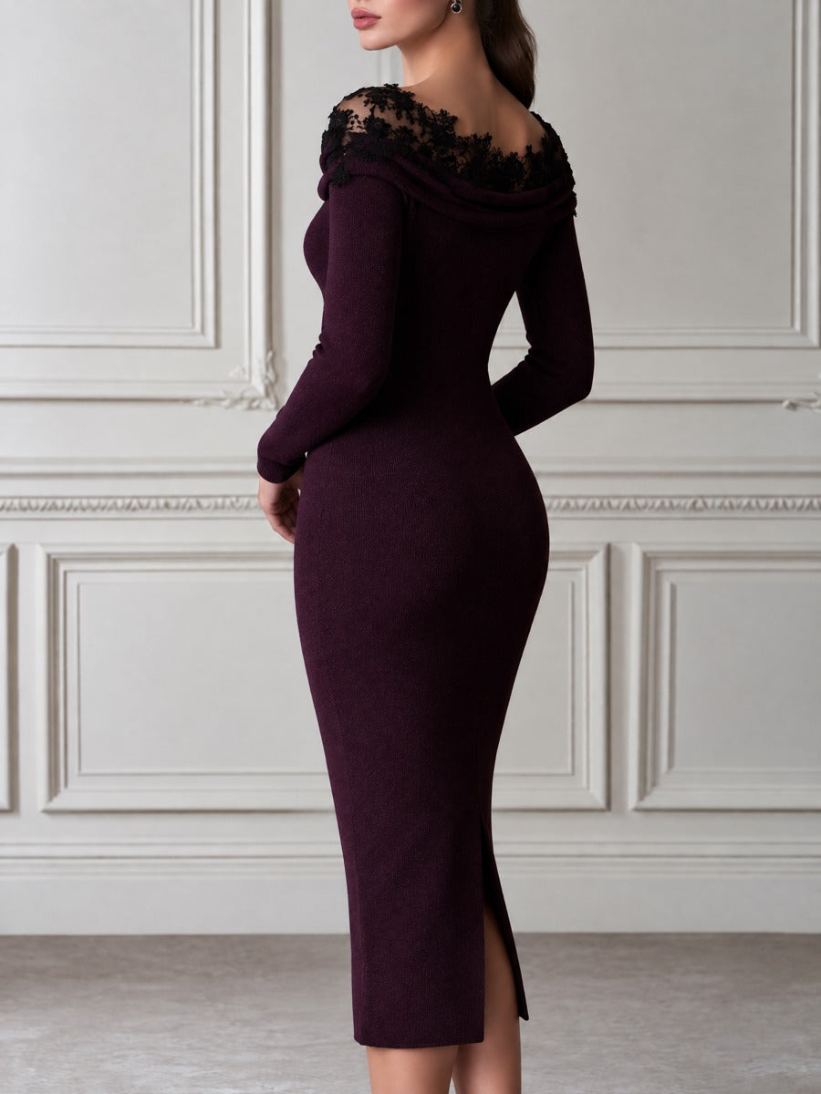 Draped Lace Trim Off-Shoulder Knit Midi Dress