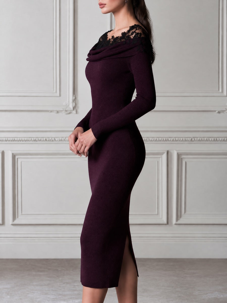 Draped Lace Trim Off-Shoulder Knit Midi Dress