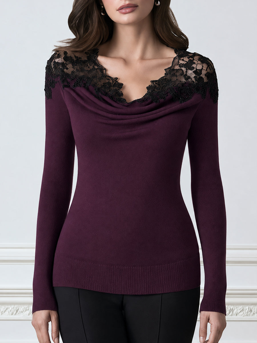 Cowl Neck Lace-Trim Knit Sweater Top