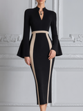 Black Contrast Beige Stripe Stand Collar Flare Sleeve Midi Sheath Dress