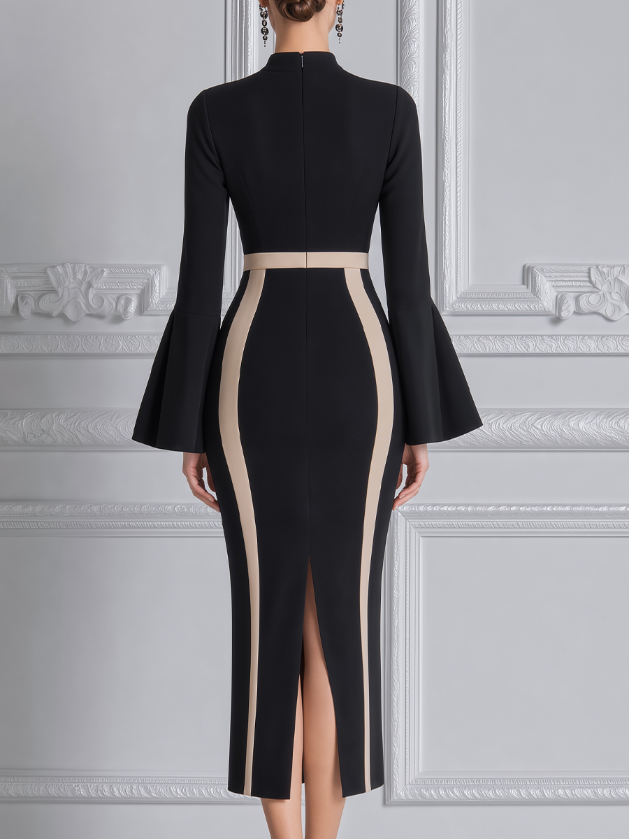 Black Contrast Beige Stripe Stand Collar Flare Sleeve Midi Sheath Dress
