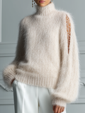 Cream Fuzzy Turtleneck Lace Cutout Sleeve Sweater