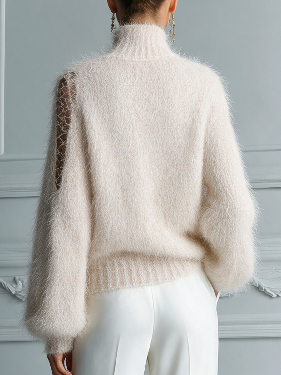Cream Fuzzy Turtleneck Lace Cutout Sleeve Sweater