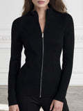 Stand Collar Two-Way Zip Fitted Textured Knit Cardigan
