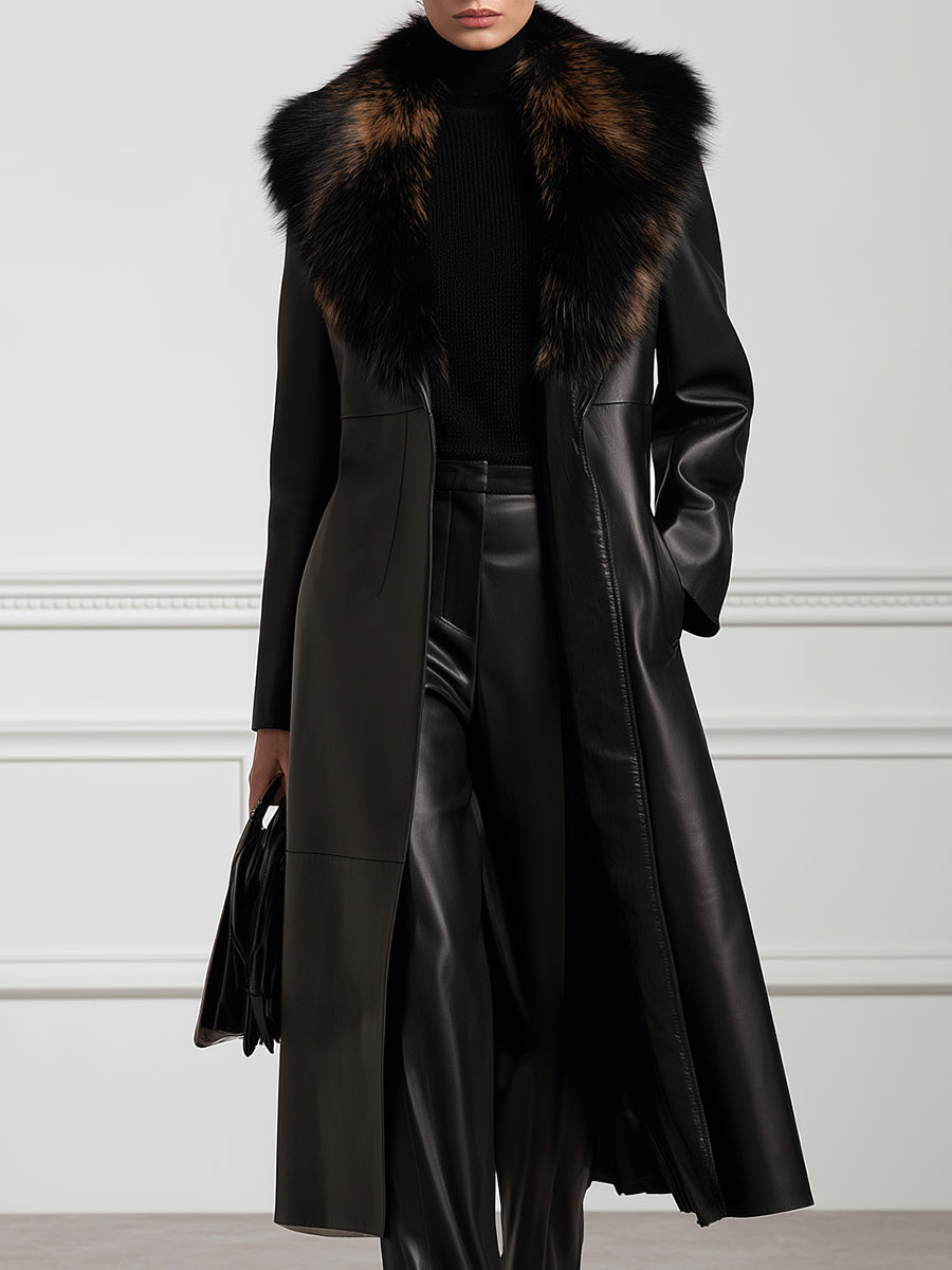 Oversized Fur Collar Open-Front Longline Leather Coat