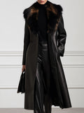Oversized Fur Collar Open-Front Longline Leather Coat