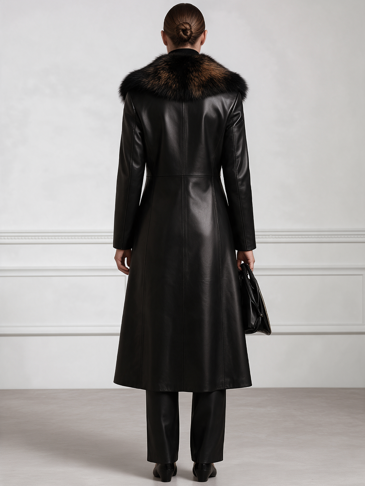Oversized Fur Collar Open-Front Longline Leather Coat