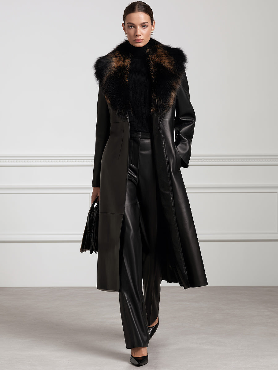 Oversized Fur Collar Open-Front Longline Leather Coat