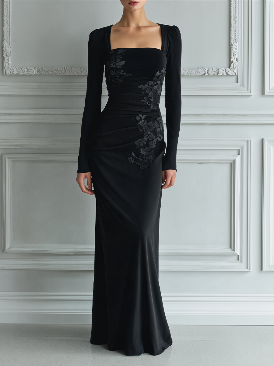 Black Square Neck Floral Lace Applique Mermaid Maxi Gown