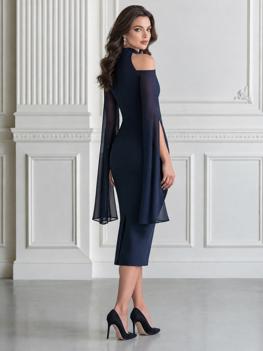 Halter Cold Shoulder Split Flare Sleeve Formal Midi Dress