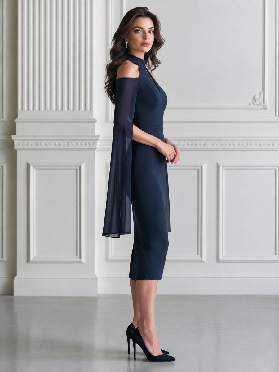 Halter Cold Shoulder Split Flare Sleeve Formal Midi Dress