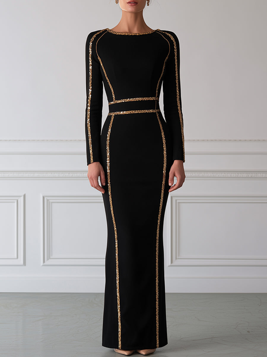Gold Sequin Piped Boat Neck Fitted Mermaid Maxi Dress