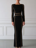 Gold Sequin Piped Boat Neck Fitted Mermaid Maxi Dress