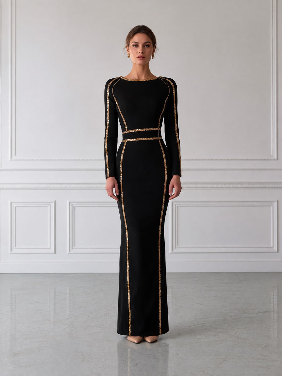 Gold Sequin Piped Boat Neck Fitted Mermaid Maxi Dress