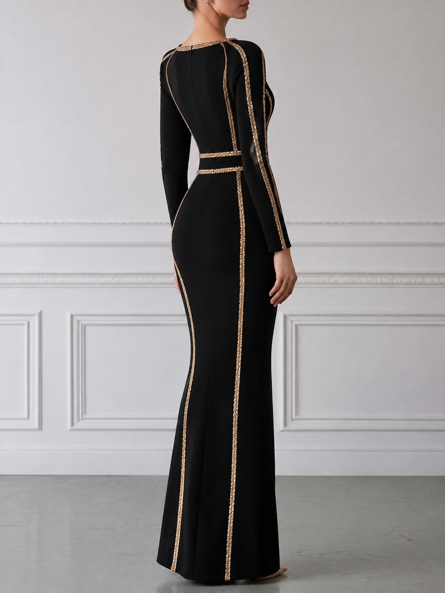 Gold Sequin Piped Boat Neck Fitted Mermaid Maxi Dress