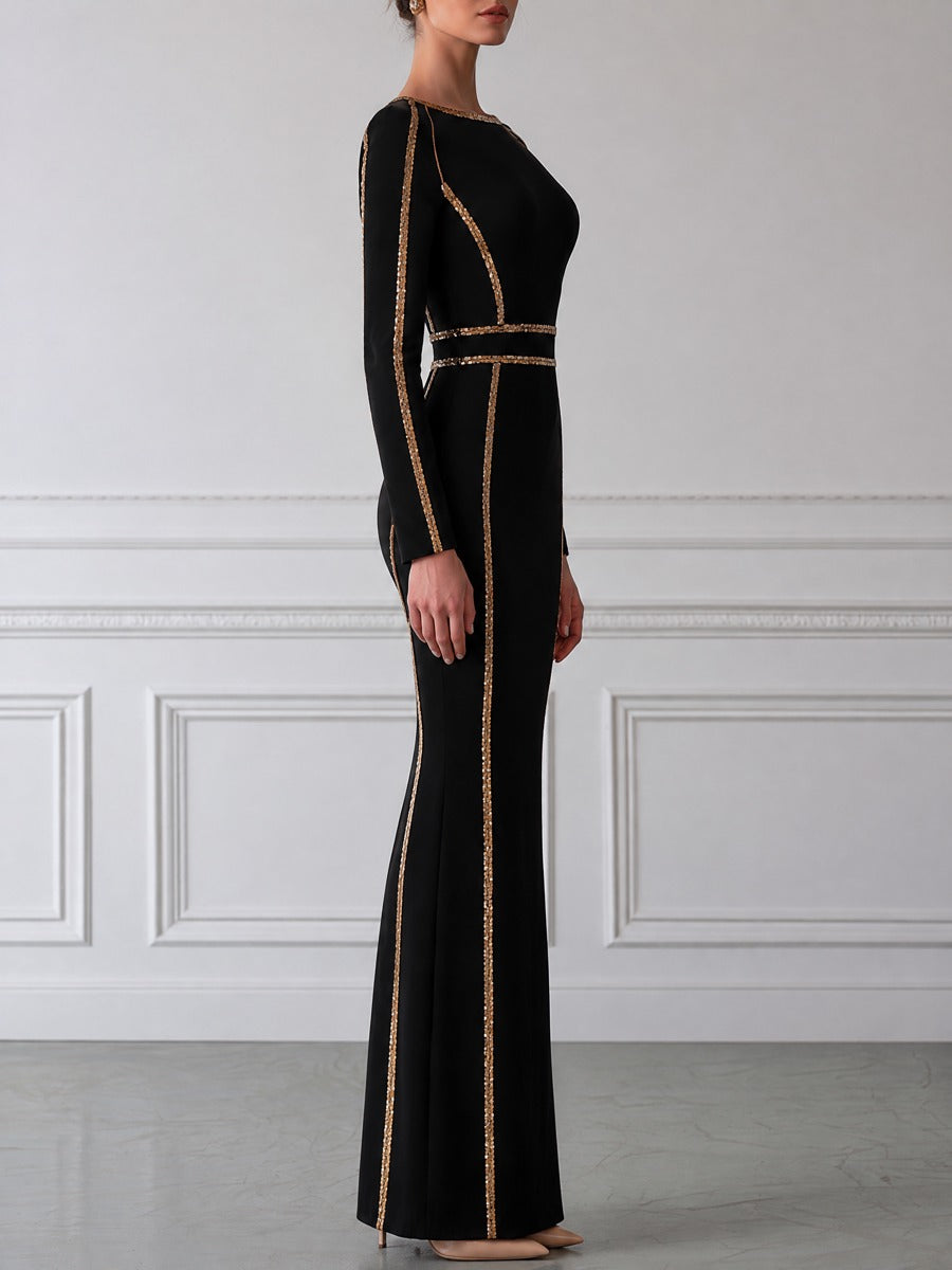 Gold Sequin Piped Boat Neck Fitted Mermaid Maxi Dress