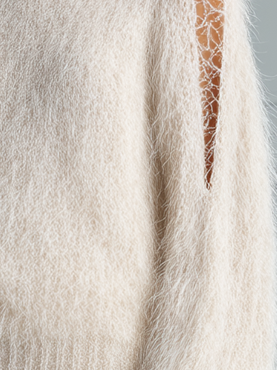 Cream Fuzzy Turtleneck Lace Cutout Sleeve Sweater
