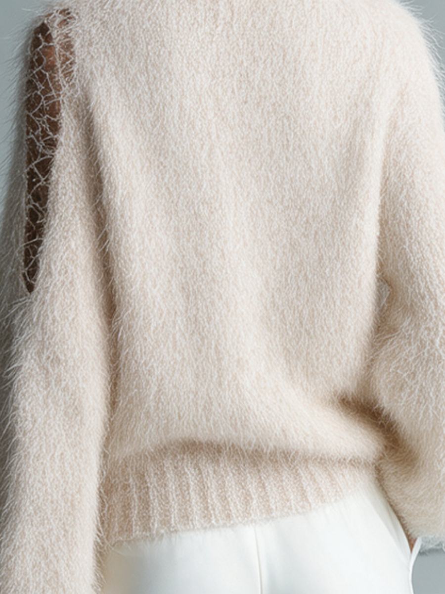 Cream Fuzzy Turtleneck Lace Cutout Sleeve Sweater