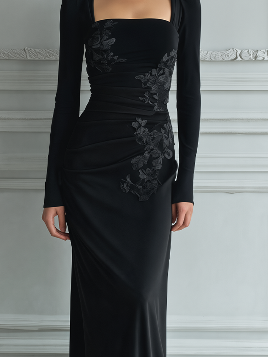 Black Square Neck Floral Lace Applique Mermaid Maxi Gown