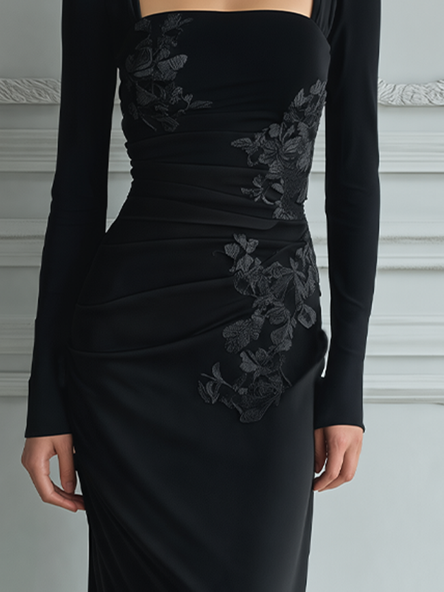 Black Square Neck Floral Lace Applique Mermaid Maxi Gown