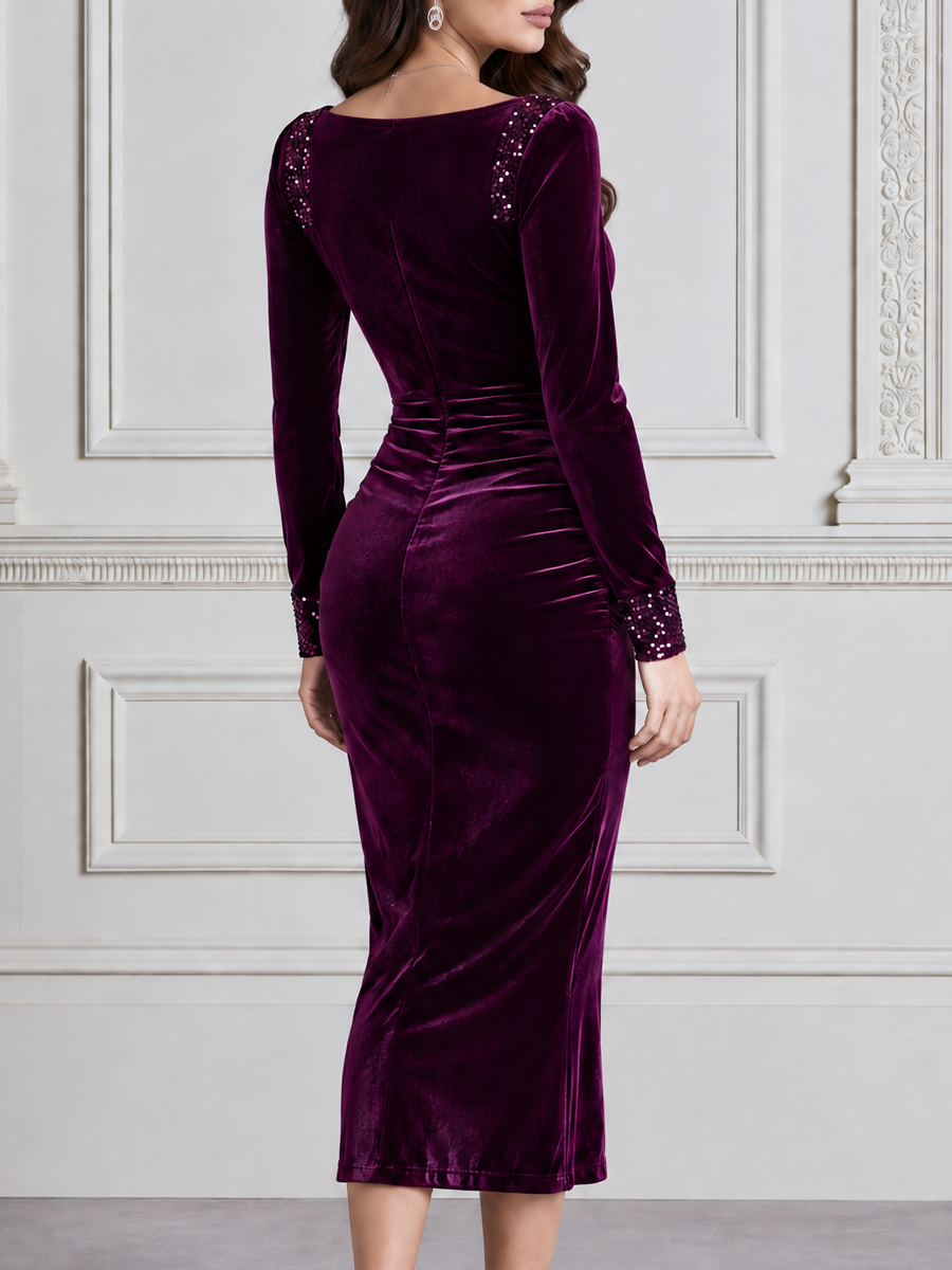 Sequin Square Neck Long Sleeve Ruched Velvet Midi Dress