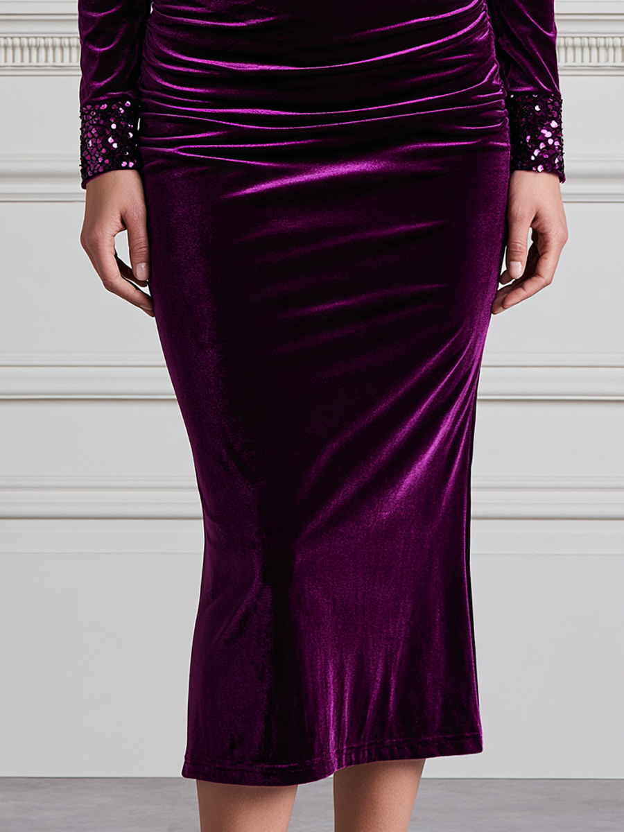 Sequin Square Neck Long Sleeve Ruched Velvet Midi Dress
