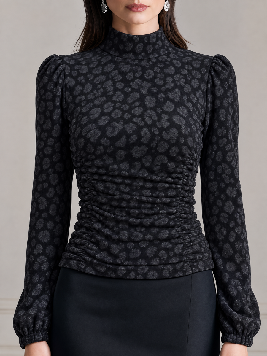 Leopard Print Mock Neck Puff Sleeve Ruched Top