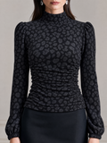 Leopard Print Mock Neck Puff Sleeve Ruched Top