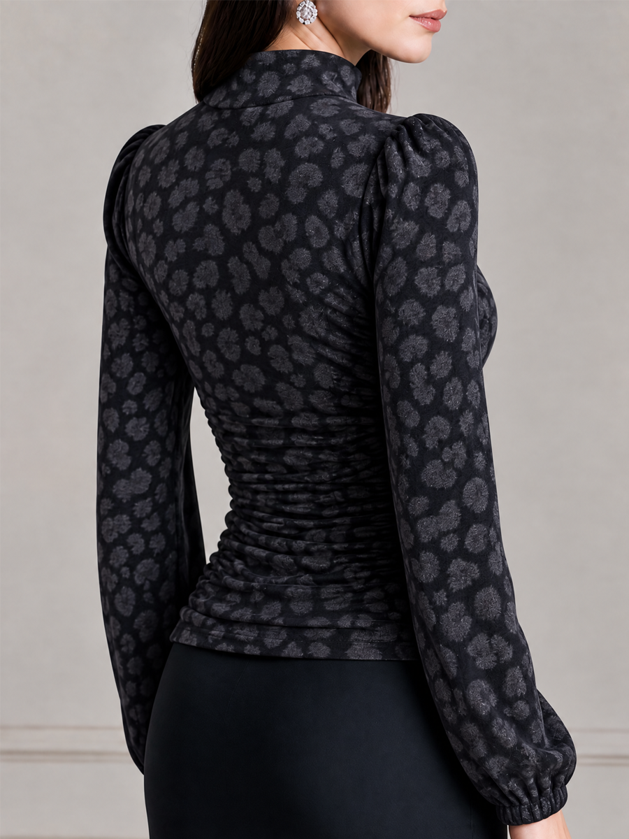 Leopard Print Mock Neck Puff Sleeve Ruched Top