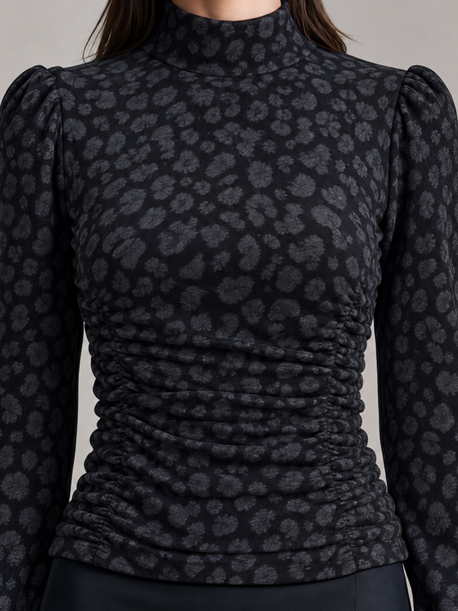 Leopard Print Mock Neck Puff Sleeve Ruched Top