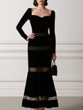 Sheer Mesh Stripe Sweetheart Neck Fitted Velvet Mermaid Maxi Dress