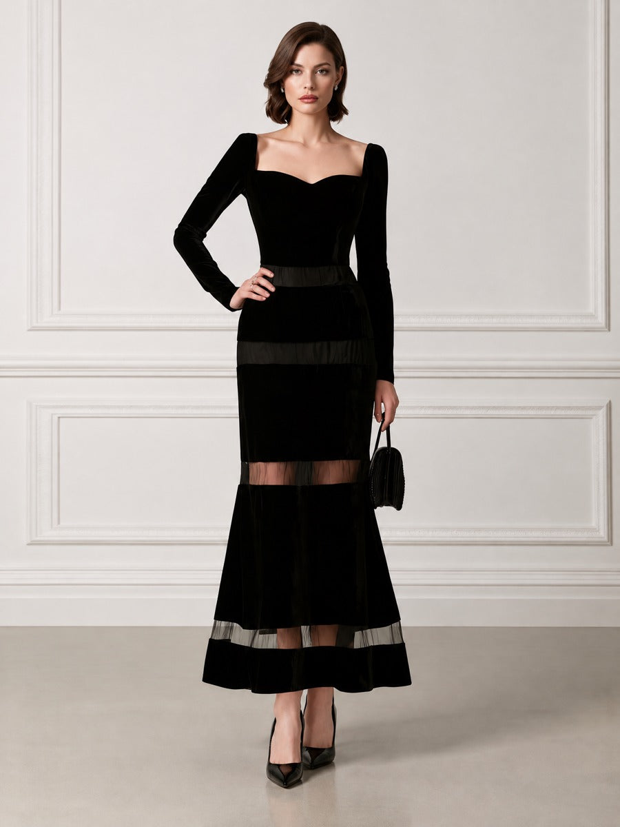 Sheer Mesh Stripe Sweetheart Neck Fitted Velvet Mermaid Maxi Dress
