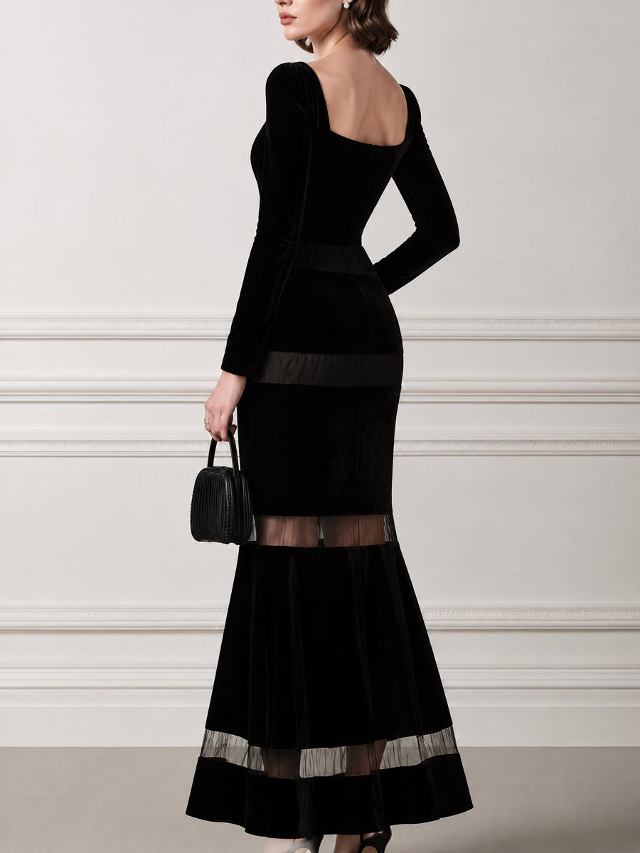 Sheer Mesh Stripe Sweetheart Neck Fitted Velvet Mermaid Maxi Dress