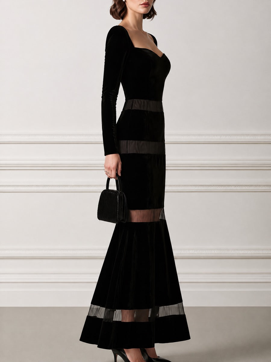 Sheer Mesh Stripe Sweetheart Neck Fitted Velvet Mermaid Maxi Dress