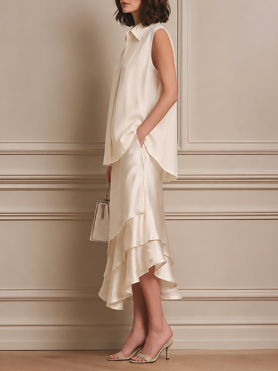 Elegant Sleeveless High-Low Blouse & Satin Ruffle-Hem Skirt Set