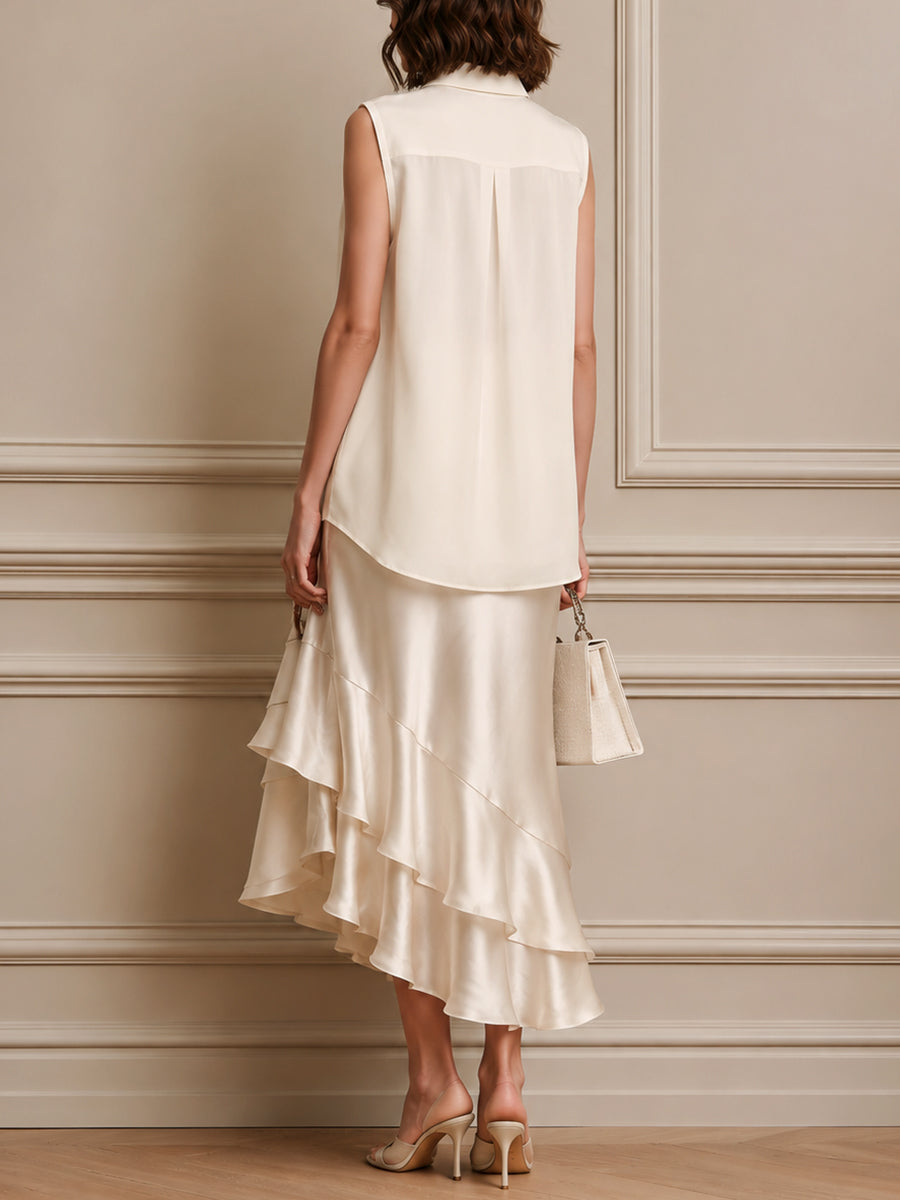 Elegant Sleeveless High-Low Blouse & Satin Ruffle-Hem Skirt Set