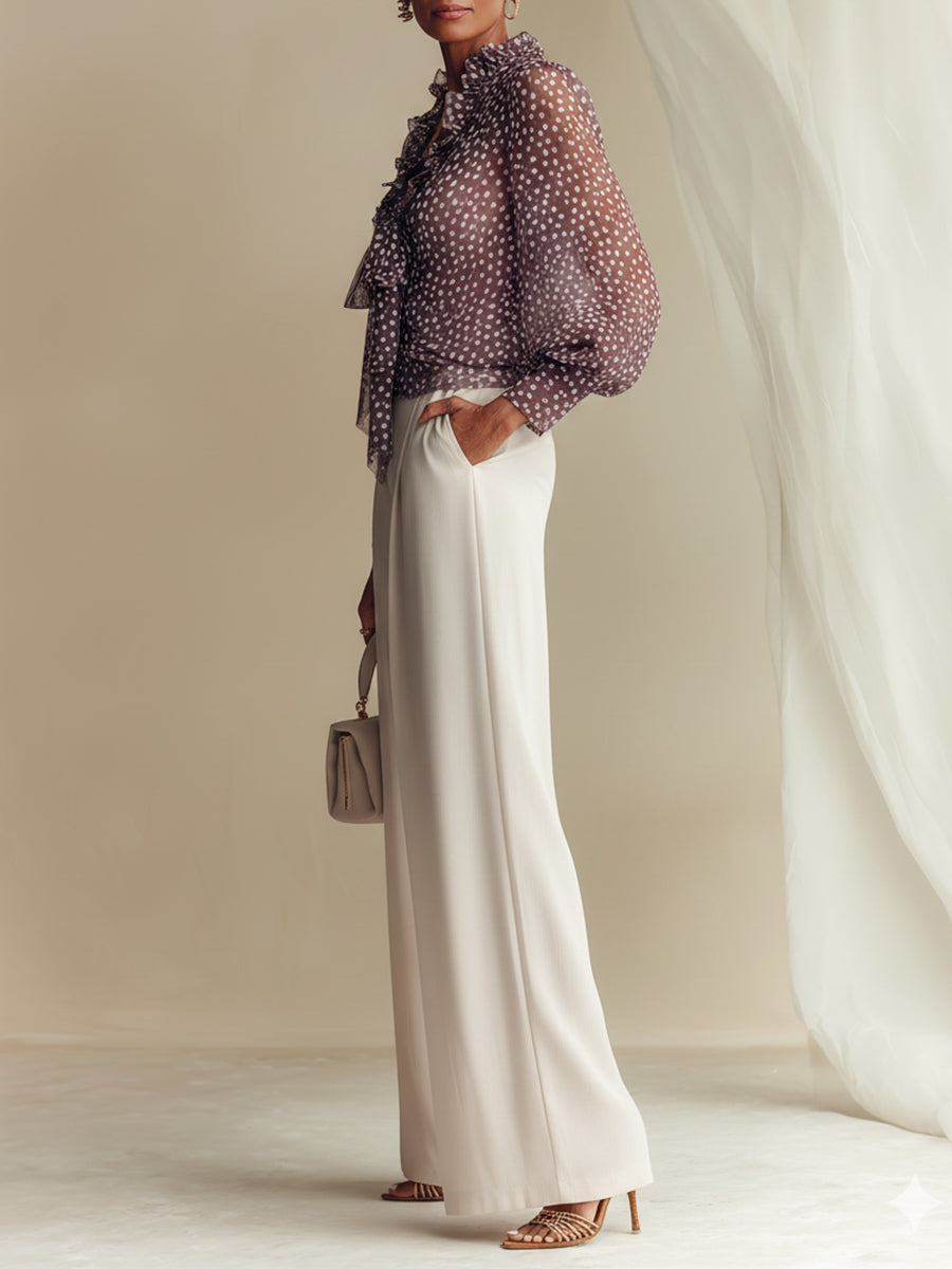 Polka-Dot Chiffon Blouse With Center-Front Knot & Pants Set