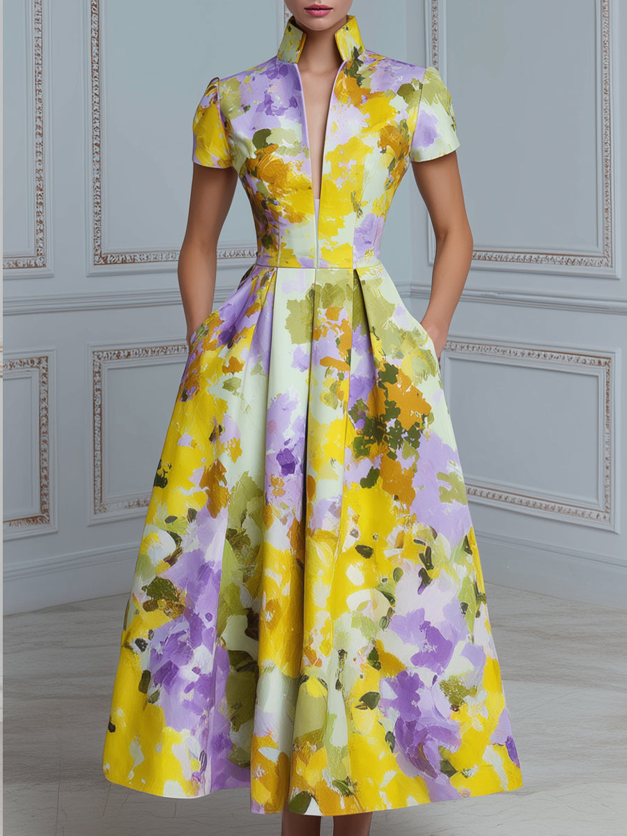 High Neck Structured Floral A-Line Midi Dress