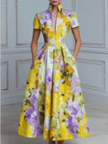 High Neck Structured Floral A-Line Midi Dress