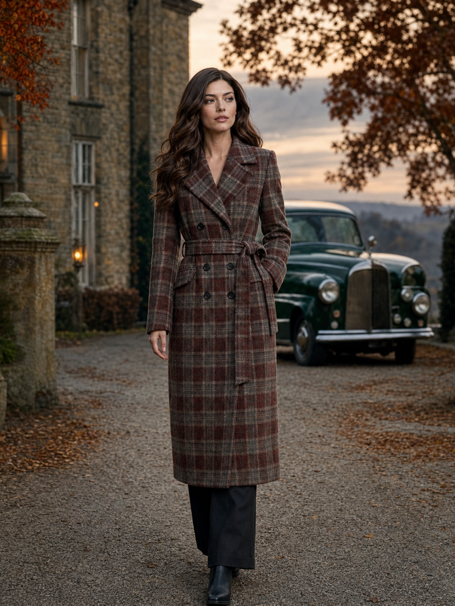 Plaid Double-Breasted Belted Long Wool Coat