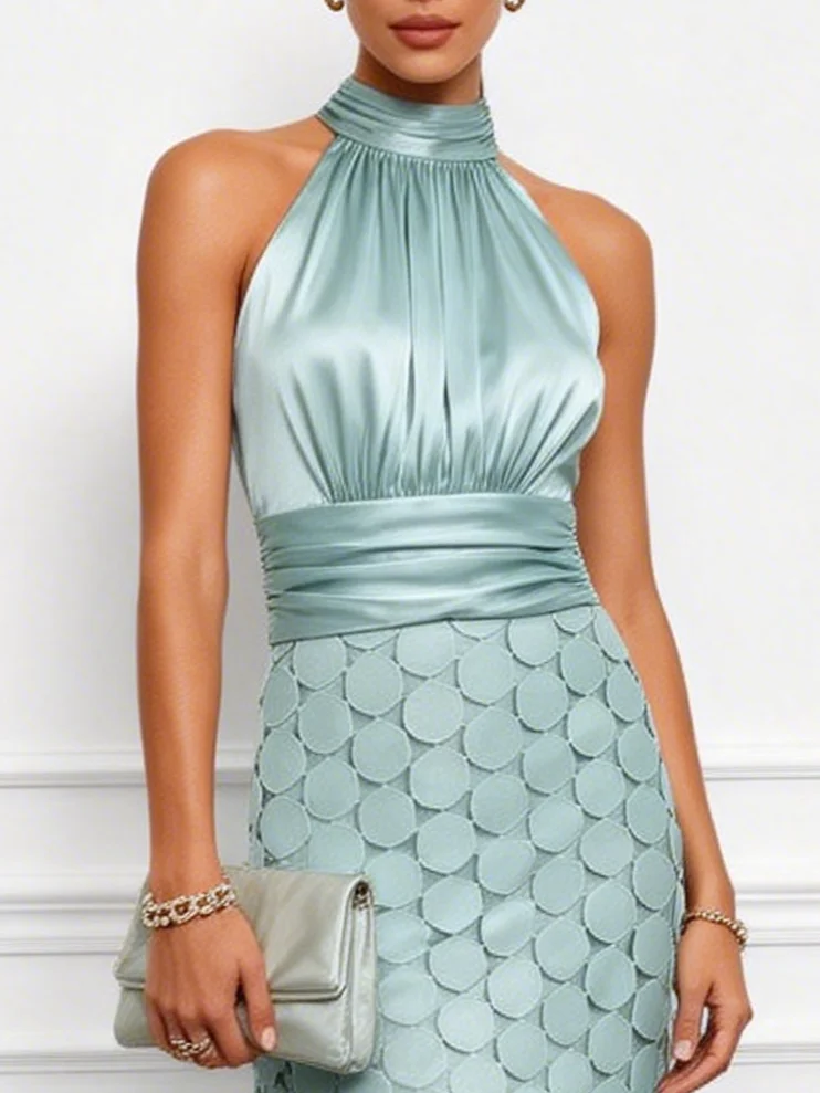 Satin Halter Disc Fringe Midi Dress