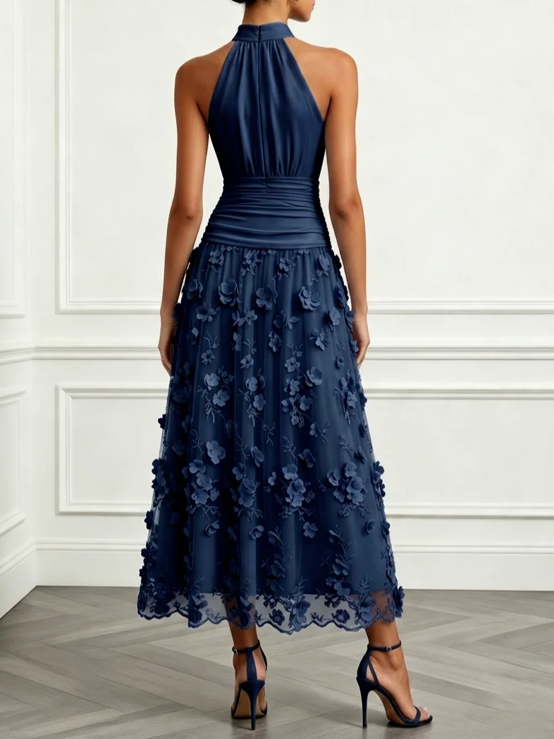 Satin Halter Floral Appliqué Midi Dress